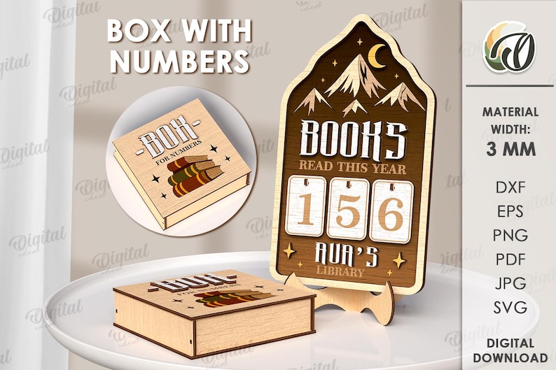 May include: Wooden book-themed decor with the text "BOX WITH NUMBERS" and "BOK FOR NUMBERS". The main piece is a book-shaped counter with the text "BOOKS READ THIS YEAR" and numbers 156. The design includes mountains and a moon.