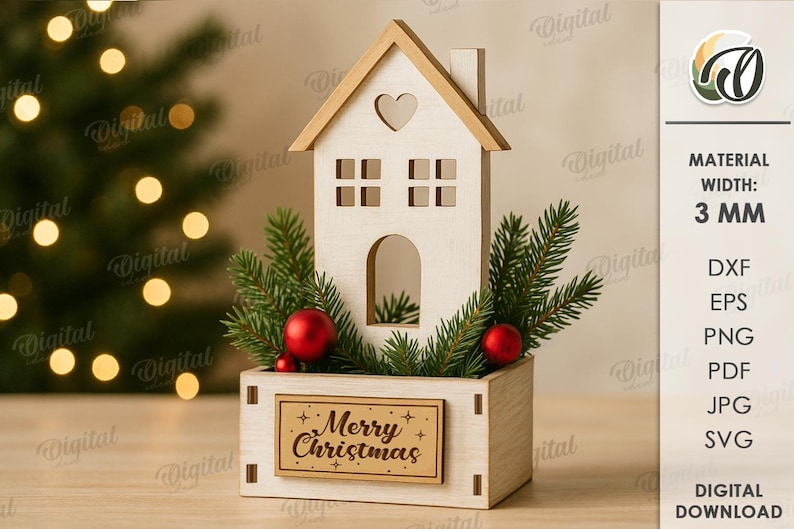 May include: A wooden Christmas decoration in the shape of a house with a heart-shaped cutout. The house is filled with evergreen branches and red ornaments. The base has a sign that reads "Merry Christmas".