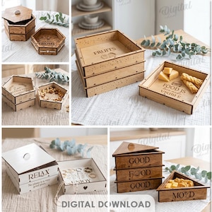 May include: A selection of laser-cut wooden boxes in diverse shapes, such as hexagonal and rectangular. Some boxes are stacked, and others have lids. Text on the boxes includes "HOME", "GOOD THINGS", "FRUITS", "FOOD IS VISIBLE", "RELAX", and "ENJOY".