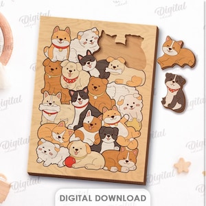 Puede incluir: Un tablero de rompecabezas rectangular de madera con una colecci&oacute;n de perros de dibujos animados ilustrados en varios tonos de marr&oacute;n, blanco y negro. Dos piezas de rompecabezas con forma de perro se colocan a la derecha del tablero. El texto incluye SUITED FOR ANY MATERIAL THICKNESS, DXF, EPS, PNG, PDF, JPG, SVG y DIGITAL DOWNLOAD.