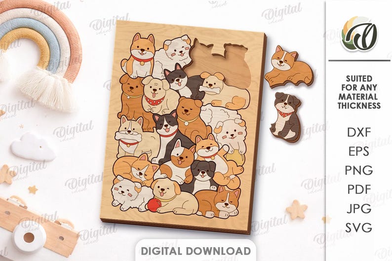 Puede incluir: Un tablero de rompecabezas rectangular de madera con una colecci&oacute;n de perros de dibujos animados ilustrados en varios tonos de marr&oacute;n, blanco y negro. Dos piezas de rompecabezas con forma de perro se colocan a la derecha del tablero. El texto incluye SUITED FOR ANY MATERIAL THICKNESS, DXF, EPS, PNG, PDF, JPG, SVG y DIGITAL DOWNLOAD.