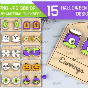 Halloween stud earrings laser cut bundle, wooden spooky jewelry lasercut, glowforge earrings, engraved scary Halloween earrings svg