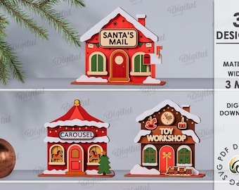3D Christmas houses bundle, Xmas stand decor laser cut, wooden home decor, house shelf sitter, carousel, santa's mail svg, toy workshop svg