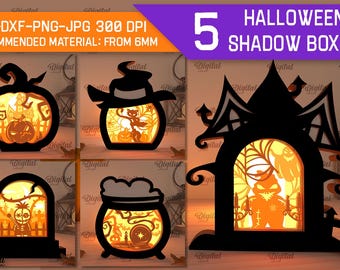 Halloween shadow boxes bundle, spooky shadow box laser cut, layered shadowbox, scary light box laser cut, witch hat svg, pumpkin svg