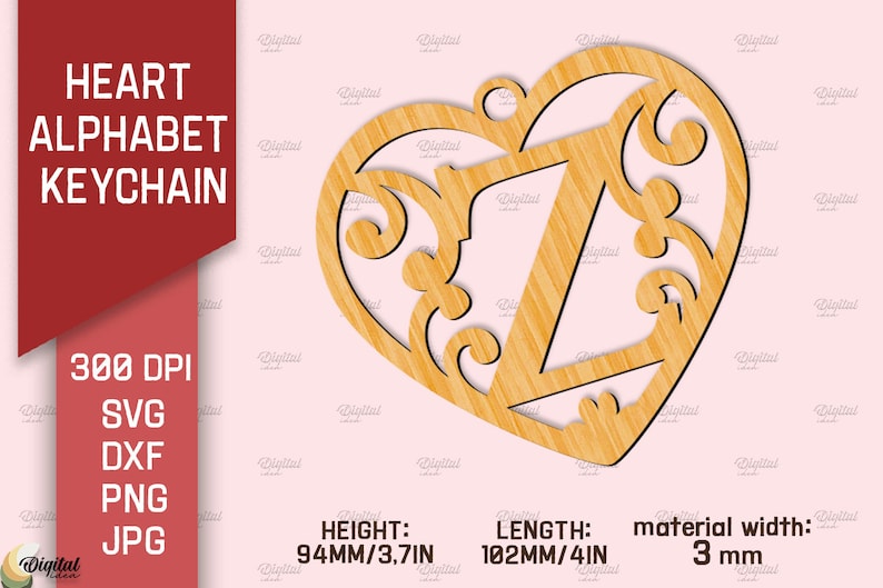 May include: A wooden heart-shaped keychain with a decorative letter "Z" inside. The keychain is 3.7 inches tall and 4 inches wide. The material is 3 mm thick.
