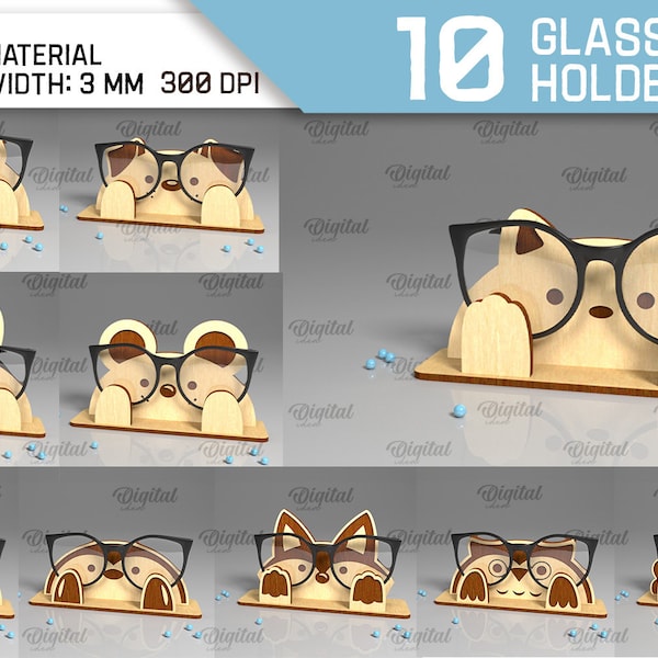 3D Dierenbrilhouders bundel, glazenhouder lasergesneden, schattige dieren SVG, houten lenzenvloeistofstandaard SVG, brillendisplay, kinderen lasergesneden