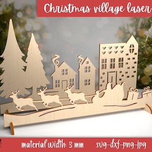3D Christmas village stand laser cut, Christmas village scene, Christmas laser cut file, Wooden Christmas light decoration svg, Winter