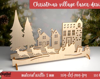 3D Christmas village stand laser cut, Christmas village scene, Christmas laser cut file, Wooden Christmas light decoration svg, Winter
