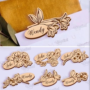 Bloemen houten bundel plaatskaarten, bloementafel naamkaart lasergesneden, gegraveerd naamplaatje, aangepaste trouwkaart, houten plaatshouder svg