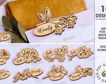 Floral wooden place cards bundle, flower table name card laser cut, engraved name tag, custom wedding card, wooden place holder svg