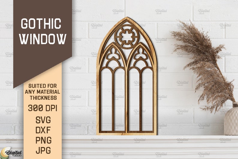 May include: A digital download of a gothic window design. The design is suitable for any material thickness and is 300 DPI. The design is available in SVG, DXF, PNG, and JPG formats.