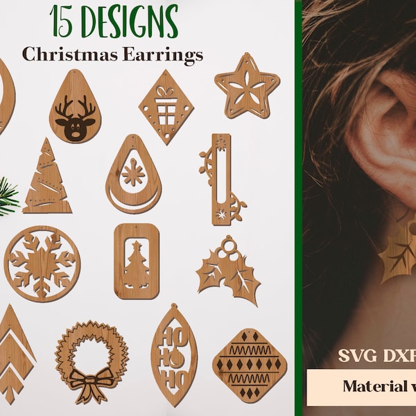 Christmas earrings laser cut bundle, Winter jewelry lasercut, Wooden earrings designs, Xmas glowforge, Engraved earrings SVG, Mistletoe