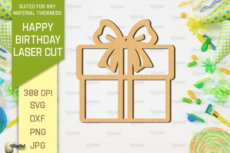 May include: A laser cut design of a gift box with a bow on top. The design is suitable for any material thickness. The image includes the text "Happy Birthday Laser Cut".