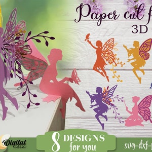 妖精バンドル SVG、3D 妖精ペーパーカット テンプレート、3D 翼、蝶の羽を持つ 3D 妖精、妖精ペーパーカット装飾