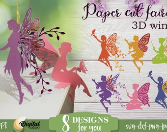Pacote de fadas svg, modelo de corte de papel de fadas 3D, asas 3D, fada 3D com asas de borboleta, decoração de corte de papel de fada