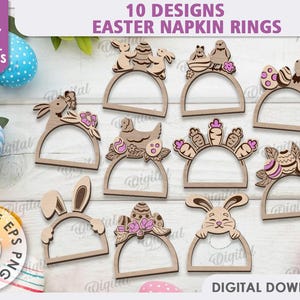 3D Serviettenringe Bündel, Serviettenhalter Laser geschnitten, Holz-Ostern-Serviettenringe, gravierte Serviettenhalter, Osterhase, Eier svg
