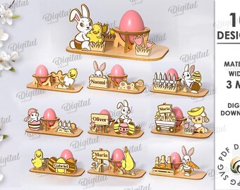 3D Egg stand for Easter bundle, Easter egg holder laser cut, Easter quotes SVG, cute engraved kinder egg stand, cute Easter characters
