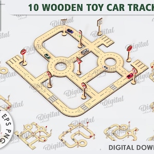 3D 木製おもちゃの車のトラック バンドル、パズル道路トラック レーザーカット、道路交通標識 SVG、子供用 SVG、子供用レーザーカット、道路 SVG、レース トラック