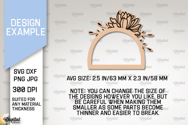Pu&ograve; includere: Un download digitale di un design ad arco floreale per l'artigianato. Il design misura circa 6,3 cm per 5,8 cm ed &egrave; adatto a qualsiasi spessore di materiale. Il testo "AVG SIZE: 2.5 IN/63 MM X 2.3 IN/58 MM" &egrave; incluso nell'immagine. Il testo "NOTE: YOU CAN CHANGE THE SIZE OF THE DESIGNS HOWEVER YOU LIKE, BUT BE CAREFUL WHEN MAKING THEM SMALLER AS SOME PARTS BECOME THINNER AND EASIER TO BREAK." &egrave; anche incluso nell'immagine.