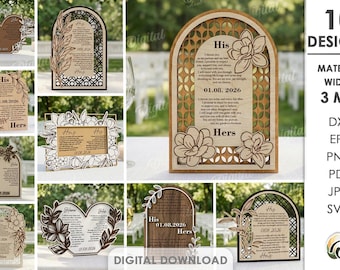 3D Wedding vow displays bundle, layered wedding decor lasercut files, custom floral anniversary sign, personalized names svg, keepsake stand