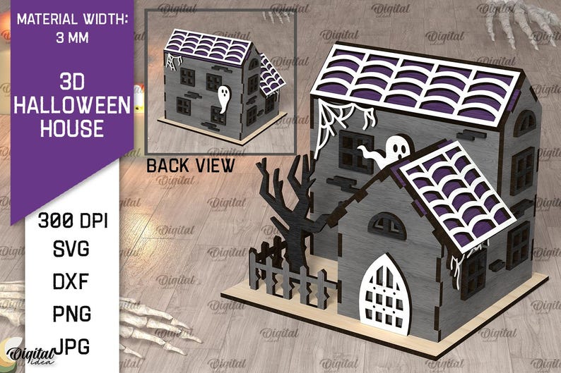 K&ouml;nnte beinhalten: Ein 3D-Halloweenhaus aus grauem Holz mit wei&szlig;en und lila Akzenten. Das Haus zeigt einen Geist, Spinnweben und einen Baum. Der Text "3D Halloween House" ist sichtbar. Materialbreite: 3 mm.