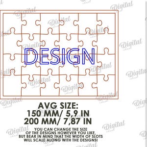 May include: A digital design of a jigsaw puzzle with the word "DESIGN" in blue. The average size is 150 mm or 200 mm. The material width is 3 mm. Digital download available in DXF, EPS, PNG, PDF, JPG, and SVG formats.