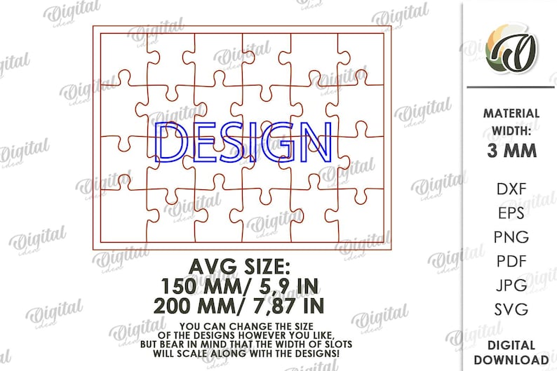 May include: A digital design of a jigsaw puzzle with the word "DESIGN" in blue. The average size is 150 mm or 200 mm. The material width is 3 mm. Digital download available in DXF, EPS, PNG, PDF, JPG, and SVG formats.
