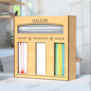 May include: A wooden stand with three compartments for storing different sizes of bags. The compartments are labeled "Gallon", "Quart", "Sandwich", and "Snack".