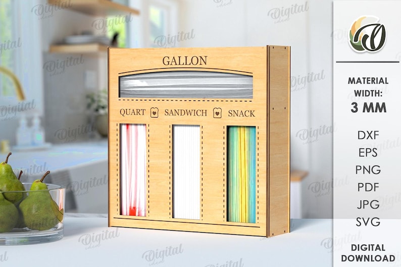 May include: A wooden stand with three compartments for storing different sizes of bags. The compartments are labeled "Gallon", "Quart", "Sandwich", and "Snack".