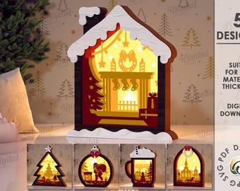 3D Christmas light boxes bundle,  shadow box laser cut, Xmas scene svg, wooden layered shadowbox, Xmas house, pine tree, cocoa cup, bauble