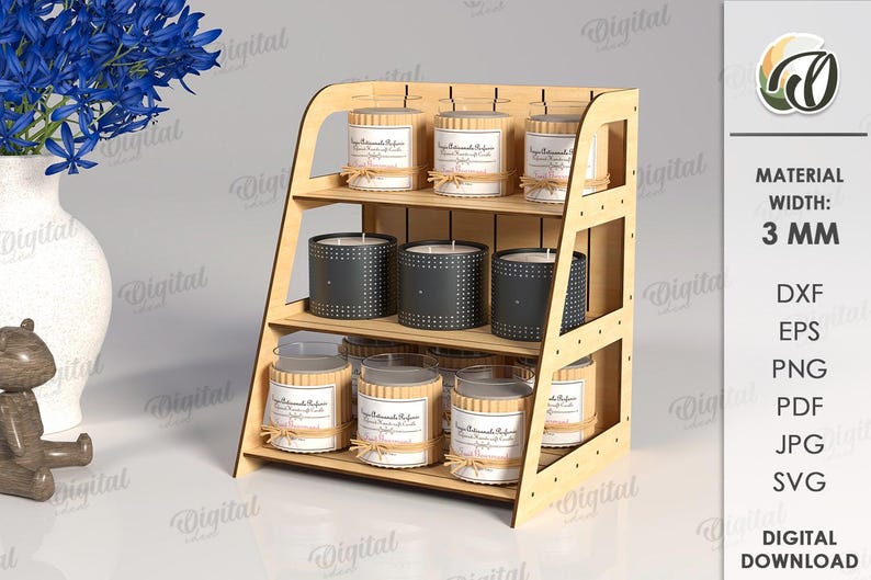 May include: A three-tiered wooden display shelf holding candles in glass jars and black containers. The candles are labeled and decorated with twine. The shelf is made of light-colored wood and has a minimalist design. The material width is 3 mm.