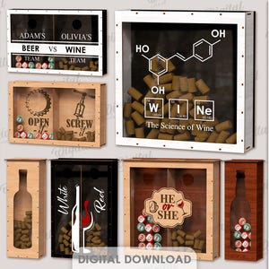 Pode incluir: Uma coleção de dez caixas de sombra de madeira com vários designs, incluindo temas de cerveja e vinho. Algumas caixas apresentam texto como "Cerveja vs Vinho" e "A ciência do vinho". A largura do material é de 3 mm.