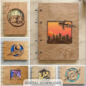 3D Notebook binder covers bundle, album cover laser cut files, 4 ring wooden planner cover, sublimation background png, nature scene svg