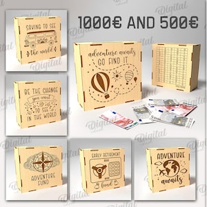 3D Money bank box bundle, 1000 and 500 euro, target piggy bank box, money holder laser cut, saving box, cash box, adventure funds svg