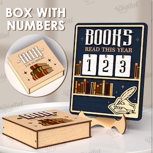 May include: Wooden box with the text "BOX WITH NUMBERS" and "BOH FOR NUMBERS" with a stack of books. A wooden sign with the text "BOOKS READ THIS YEAR" and numbers 1, 2, and 3. The material width is 3 mm.
