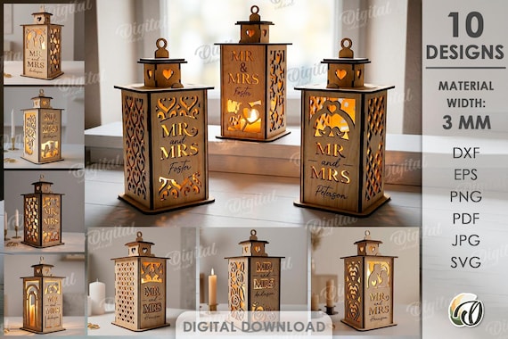 Personalized wedding lanterns Bundle, tea candle holder laser cut files, tealight lantern, Mr and Mrs svg, rustic floral lamp