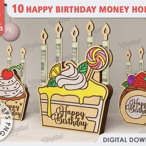 3D Birthday cake money holders bundle, B-day money holder laser cut, wooden banknote holder, birthday birthday svg, cash holder glowforge