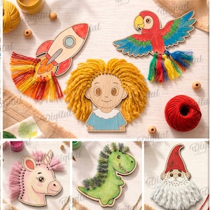 May include: A collection of ten wooden craft designs, including a dog, rocket, parrot, girl, cloud, lion, unicorn, dinosaur, and gnome. The designs are suitable for various material thicknesses. The image also includes text that says "10 Designs", "Suited for any material thickness", and "Digital Download".