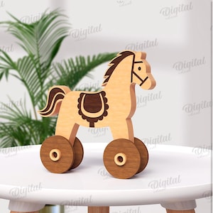 3D Pull along horse toy, kids toy on wheels laser cut, toddler pony push and pull toy, cute animal, childrens svg, montessori moving toy