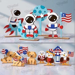 May include: Wooden cutouts featuring astronauts, dogs, and eagles with patriotic themes. The designs include an astronaut on a rocket, a dog with a flag, and an eagle holding a flag. The material width is 3 mm. The image also includes the text "12 DESIGNS".