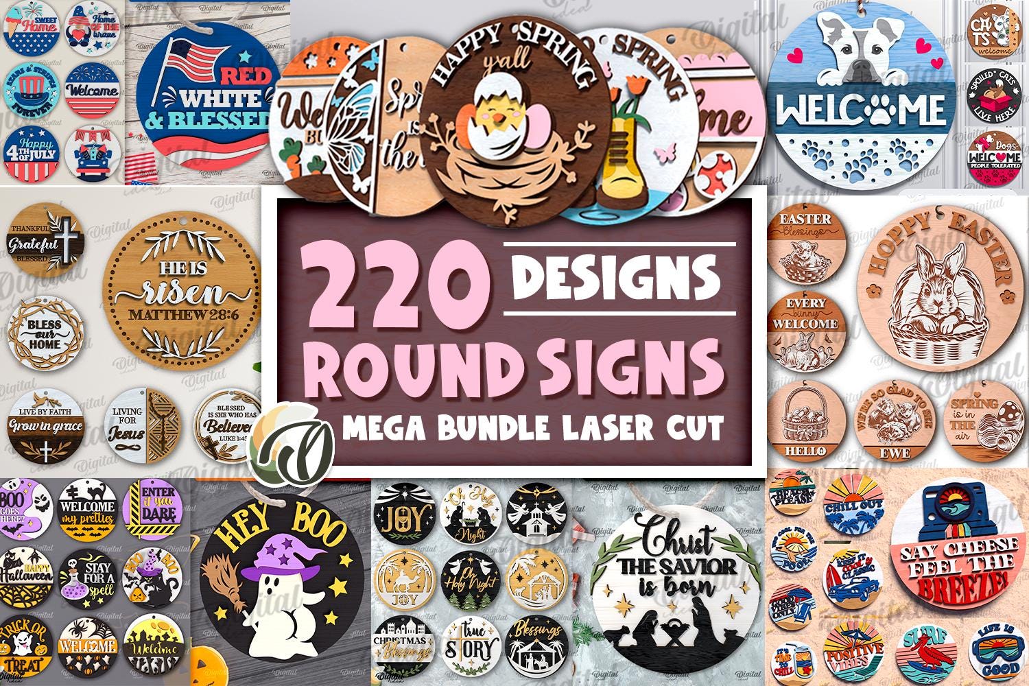 3D Round signs Laser cut Mega Bundle, 220 Seasonal signs laser, wooden home decor, wall decor, Easter svg, Christmas, 4th of july, Halloween