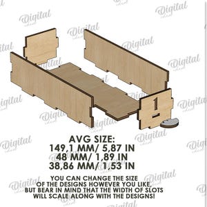 May include: A laser-cut wooden box design with a rectangular base and side panels. The average size is 5.87 inches long, 1.89 inches wide, and 1.53 inches high. The design includes the number 1 and a small circular piece.