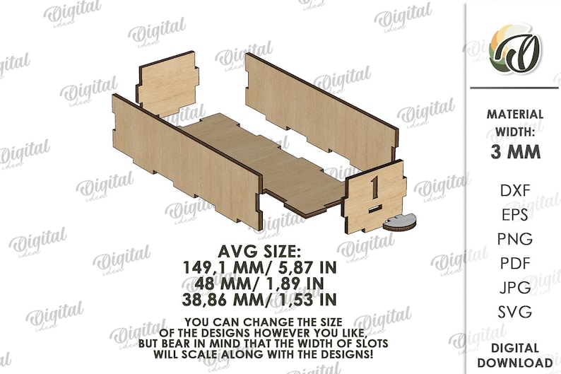 May include: A laser-cut wooden box design with a rectangular base and side panels. The average size is 5.87 inches long, 1.89 inches wide, and 1.53 inches high. The design includes the number 1 and a small circular piece.