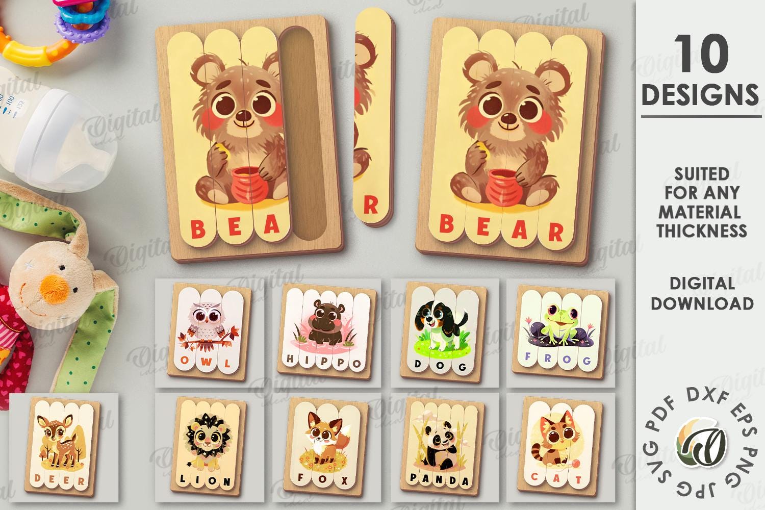 3D Kids montessori puzzles bundle, cute animal puzzle laser cut, wooden spelling puzzle, sublimation puzzle for toddlers, baby memory game