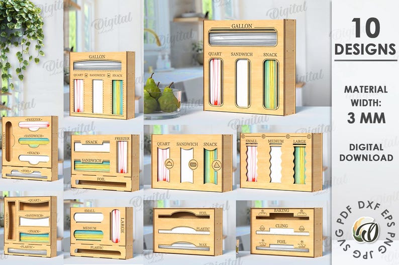 May include: Ten digital designs for a wooden storage organizer for various kitchen items. The designs include labels for gallon, quart, sandwich, snack, freezer, small, medium, large, baking, cling, and foil. The material width is 3 mm.