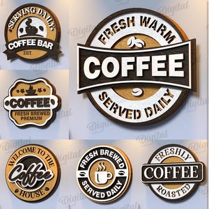 Peut inclure: Dix designs différents de panneaux de café dans différents styles. Les panneaux sont en bois et présentent différentes phrases et images liées au café, telles que "Café fraîchement moulu", "Bar à café" et "Bienvenue à la maison du café".