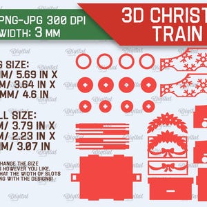 May include: A digital design for a 3D Christmas train, with red and white details. The design includes a train engine, a boxcar, and a caboose. The design is available in SVG, DXF, PNG, and JPG formats. The material width is 3 mm. The design is available in two sizes: big size (144.53 mm x 92.46 mm x 116.84 mm) and small size (96.27 mm x 56.64 mm x 77.98 mm).