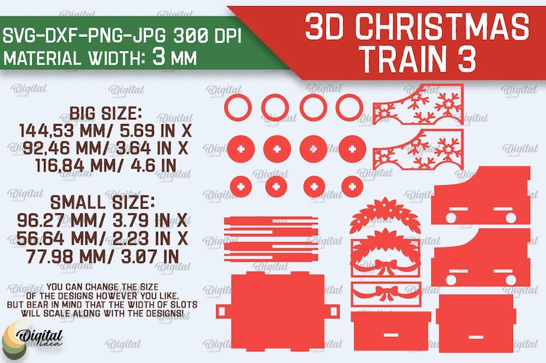 May include: A digital design for a 3D Christmas train, with red and white details. The design includes a train engine, a boxcar, and a caboose. The design is available in SVG, DXF, PNG, and JPG formats. The material width is 3 mm. The design is available in two sizes: big size (144.53 mm x 92.46 mm x 116.84 mm) and small size (96.27 mm x 56.64 mm x 77.98 mm).