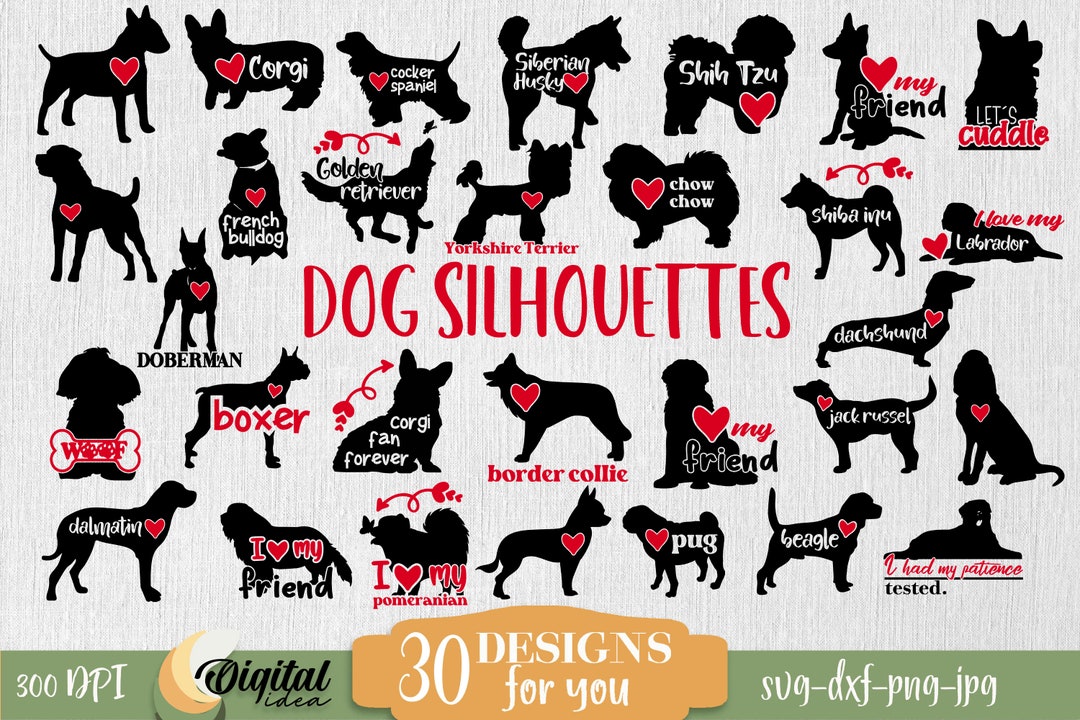 Dog Silhouettes SVG Bundle, 30 Dog Breeds Svg, Dog Silhouette, Dog ...
