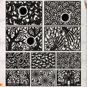 May include: A collection of ten black Halloween-themed designs, including ghosts, pumpkins, spiderwebs, bats, and haunted houses. Each design is a square with a cup of coffee on top. The text says "10 Designs" and "Digital Download".